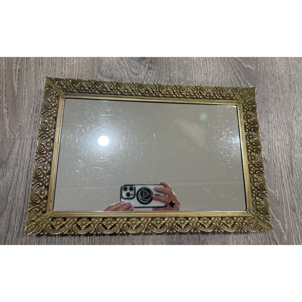 Vintage Vanity Tray Mirror Hollywood Regency Gold Filagree Rectangle 15”X10”